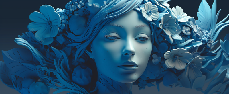 一个女人的插图在一个抽象的蓝色肖像花和叶子在鸟瞰,插画/手绘图,插画/手绘图库,插画/手绘图下载,插画/手绘